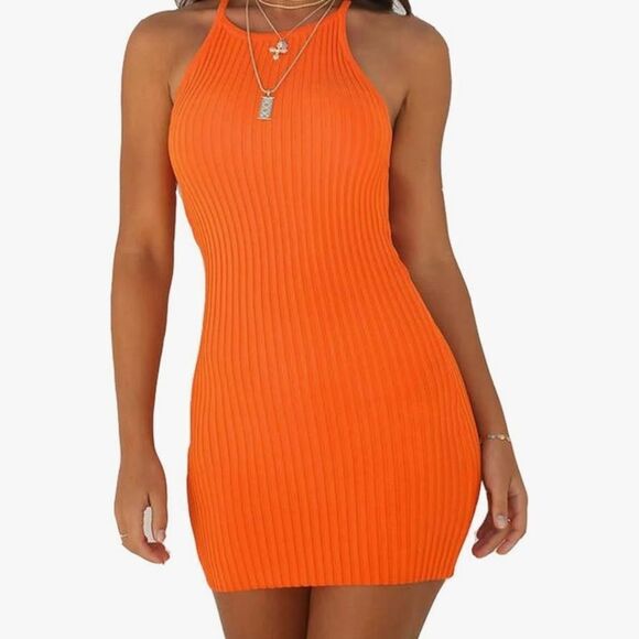 Orange Ribbed Bodycon Mini Dress for Night Out - Picture 1 of 8